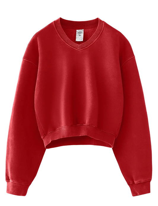 Hatant Sweatshirt for Women Acid Wash Athletic Hoodies Heritage Fleece V-neck Long Sleeve Hoodie Y2K Crop Pullover Women Sweatshirt Cotton Fleece Lined Hoodies Workout Pullover Shirt Red-L