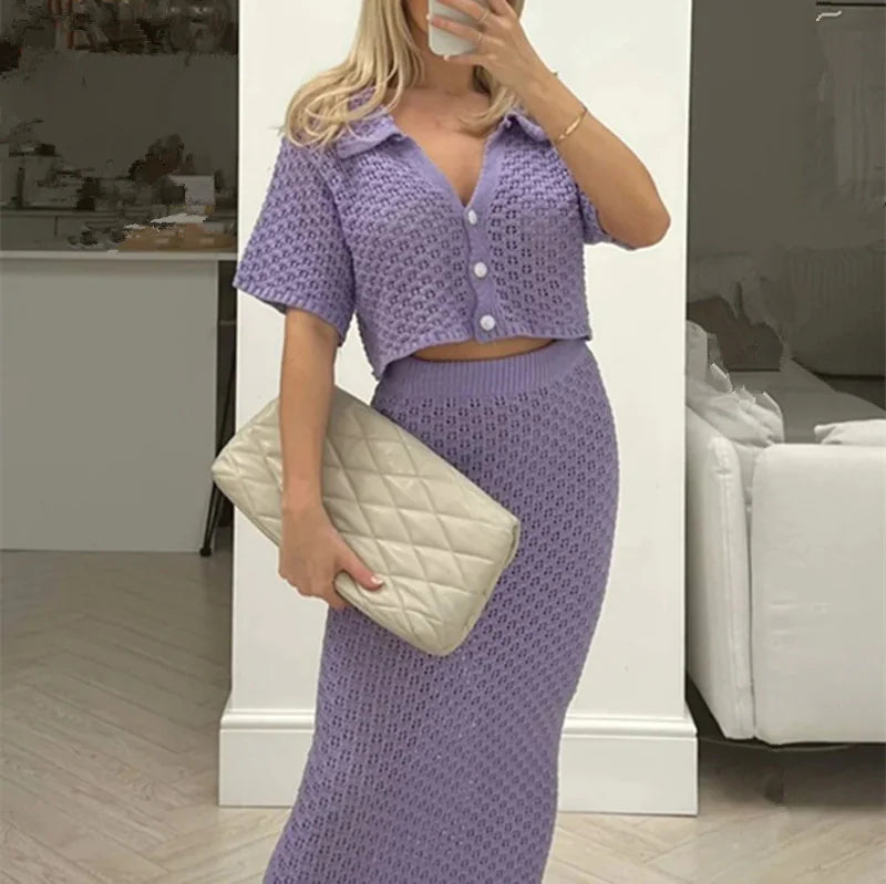 Knitted Crochet Two-Piece Skirt Set – Multi-Color Cardigan & Skirt