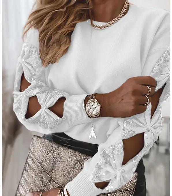 Embroidered Sequin Long-Sleeved T-Shirt