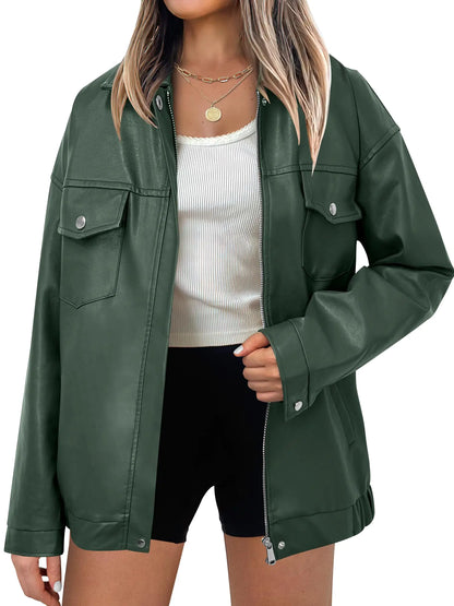 ANRABESS Women Oversized Leather Jackets Faux 2024 Fall Fashion Motorcycle Coats Winter Going Out Outfits Clothes Green Medium