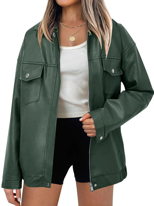 ANRABESS Women Oversized Leather Jackets Faux 2024 Fall Fashion Motorcycle Coats Winter Going Out Outfits Clothes Green Medium