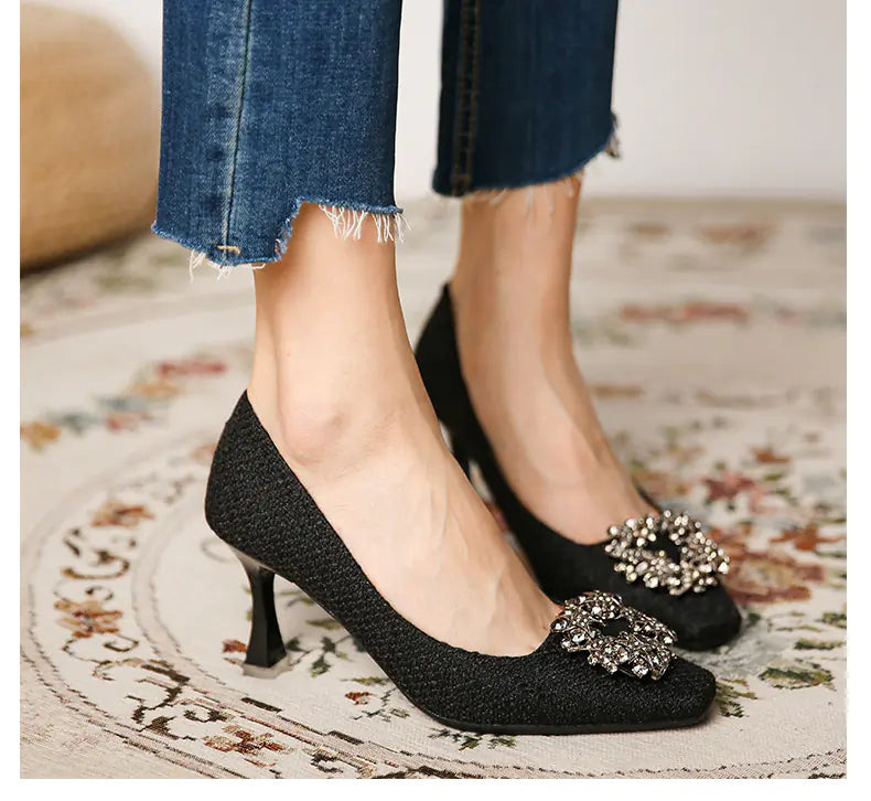 Korean Style Metal Buckle High Heel Shoes for Women