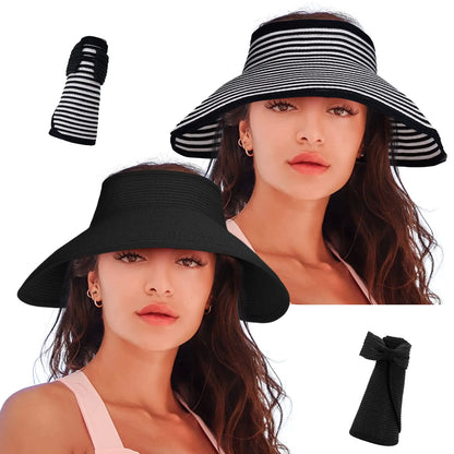 Womens Sun Visor Hats Wide Brim Straw Beach Hat Ponytail Hats for Women Foldable Floppy
