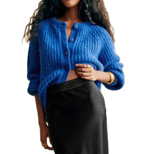 Women Chunky Knit Cardigan Y2k Long Latern Sleeve Crew Neck Button Up Open Front Cable Knitted Short Sweater Jackets Blue