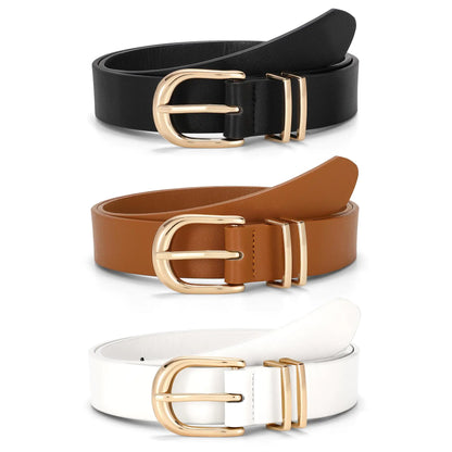 JASGOOD 3 Pack Women Belts For Jeans Dresses Pants Ladies Faux Leather Waist Belt with Gold Buckle(Black+Brown+White Gold Buckle)