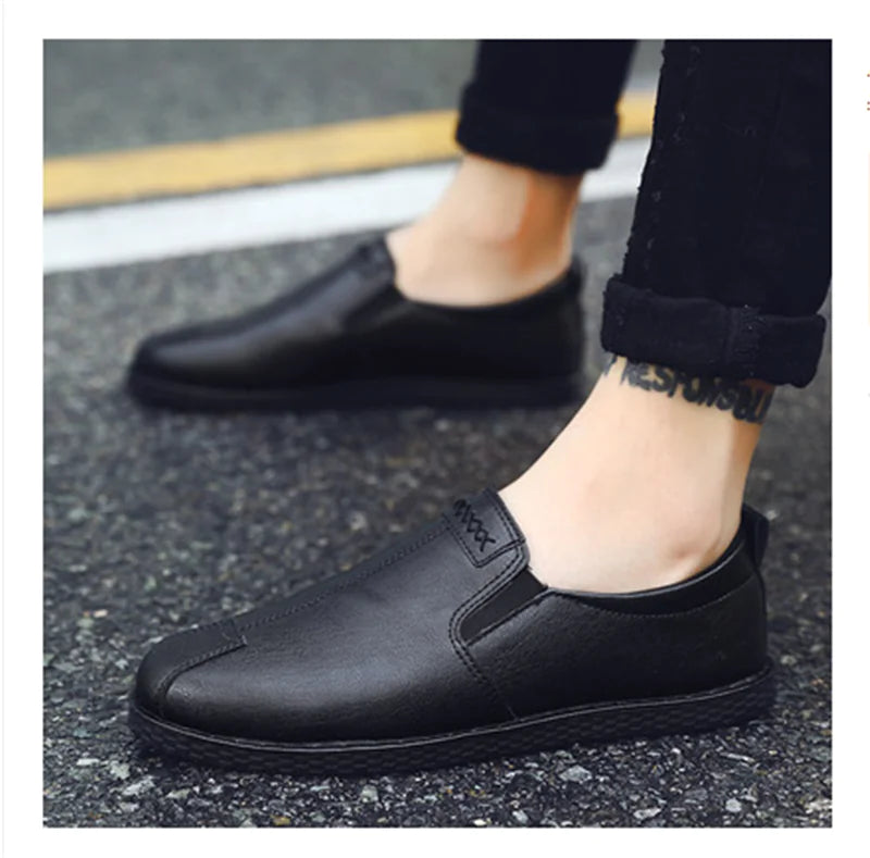 Men's All-Black Leather Waterproof Slip-Resistant Shoes
