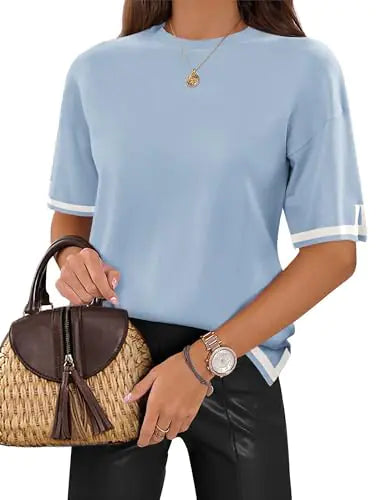 Zeagoo Womens Knit Short Sleeve Tops Summer Pullover Blouse Basic Casual Shirt Light Blue