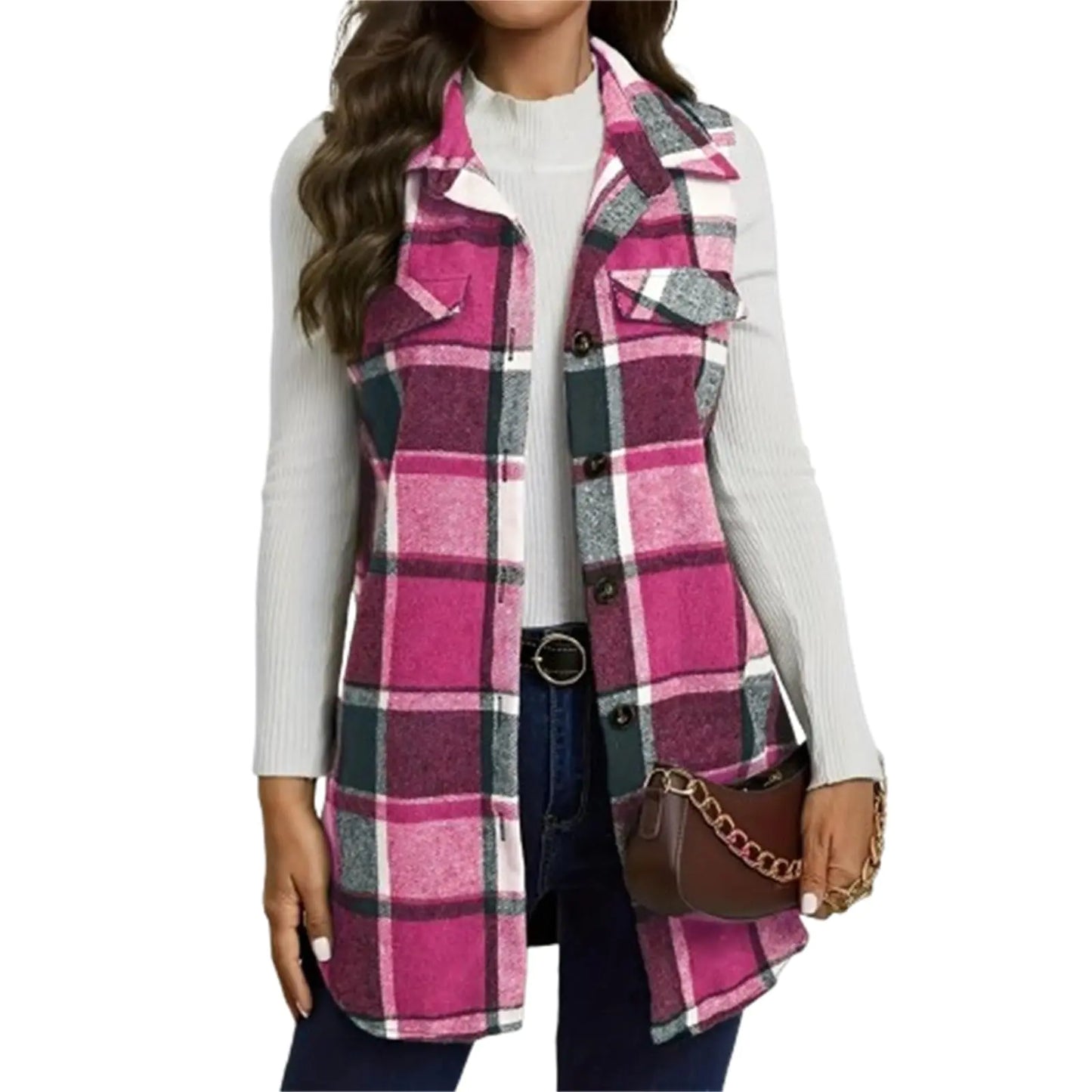 Fall Jackets For Women 2024 Trendy Plus Size Flannel Plaid Long Vests Casual Button Down Sleeveless Shirt Ladies Elegant Business Casual Outfits Vest Jackets Dressy Outwear Coats (B KhakiX-Large)