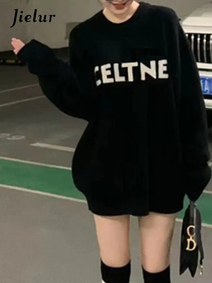 Jielur Vintage O-neck Letter Printed Hoodies for Women