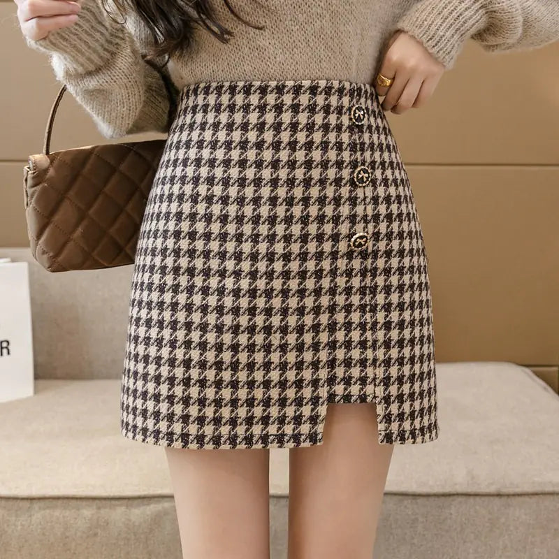 Women's Fashion Split Houndstooth Skirt