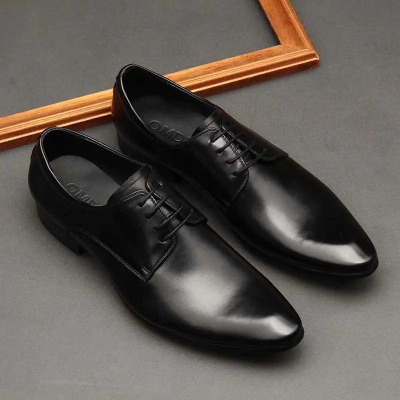 Pointed Toe Lace-Up Black Leather Shoes for Men