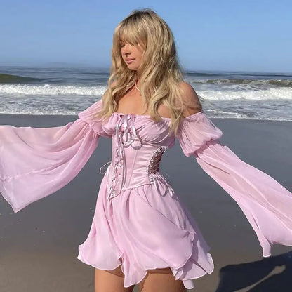 Pink Chiffon Summer Dress with Corset Detail