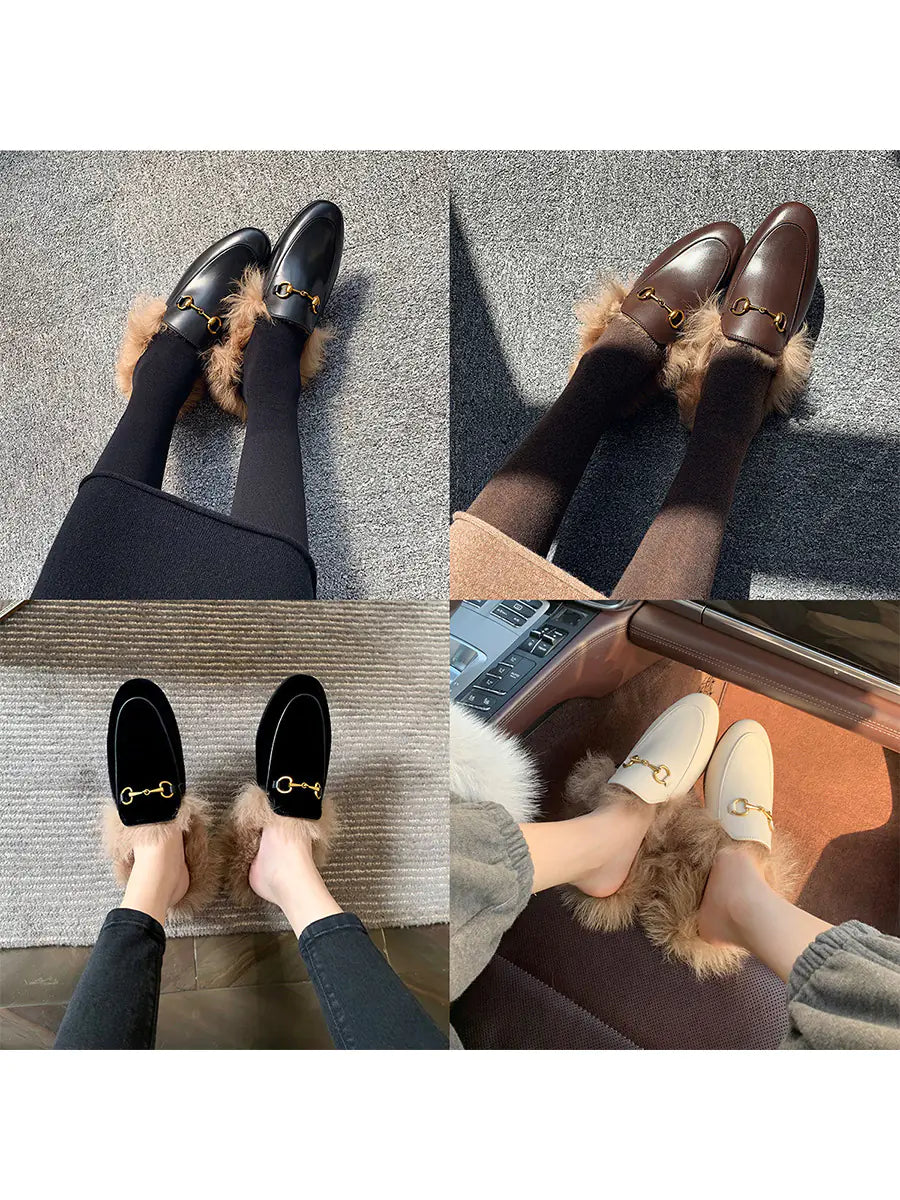 Fuzzy Flat Mule Shoes for Women - 2023 Autumn/Winter