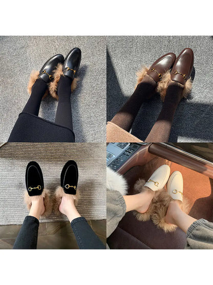 Fuzzy Flat Mule Shoes for Women - 2023 Autumn/Winter