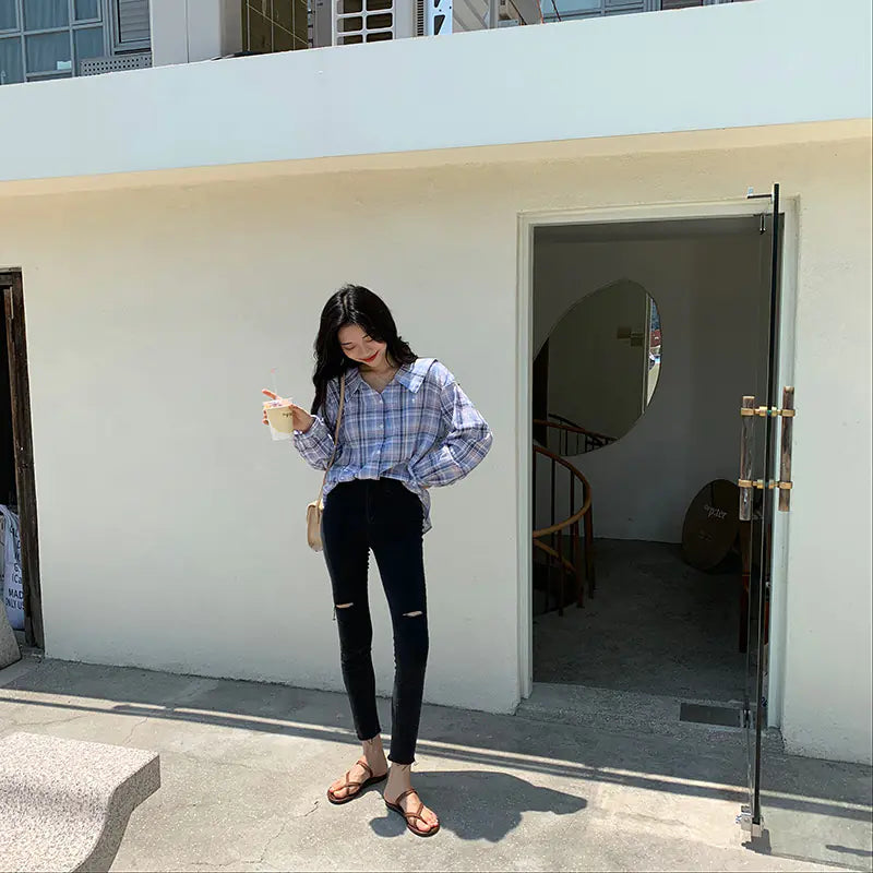 V-Neck Checkered Button-Up Casual Shirt