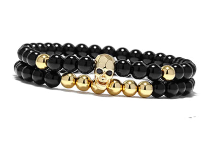 Metal Skull Bracelet with Black Onyx Bead Bracelet Set
