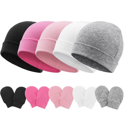 AQOKKA Baby Hats and Mittens Set Toddler Cotton Beanie Infant Cap No Scratch Gloves Newborn Hospital Hats for Baby Boys Girls Essentials 0-6 Months