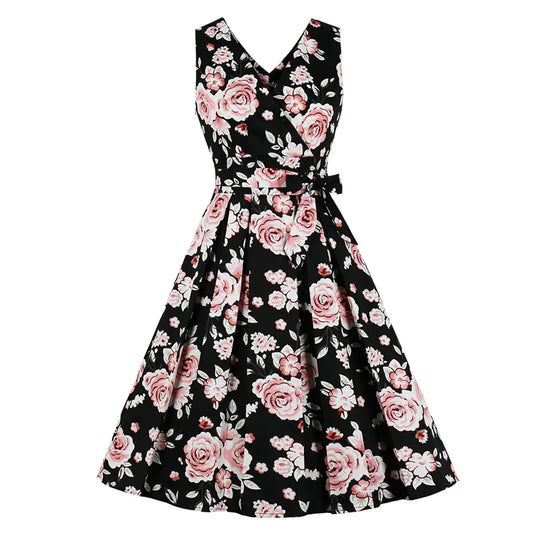 V-Neck Vintage Floral Maxi Dress with Flared Skirt