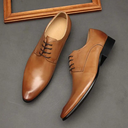 Pointed Toe Lace-Up Black Leather Shoes for Men