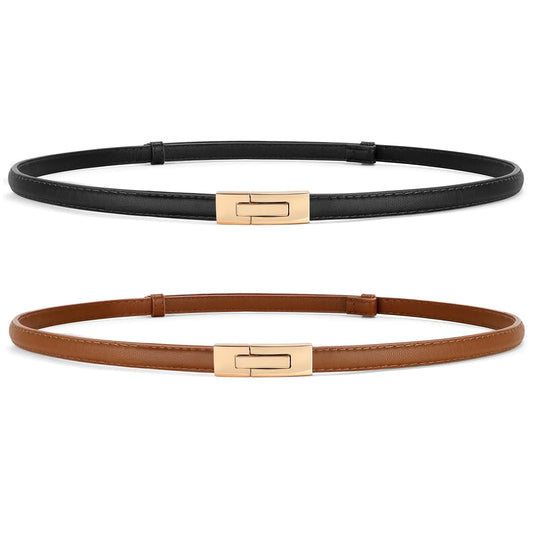 SUOSDEY 2 Pack Womens Leather Skinny Belts for Dress Adjustable Vintage Thin Waist Belt for Ladies0.6" Width