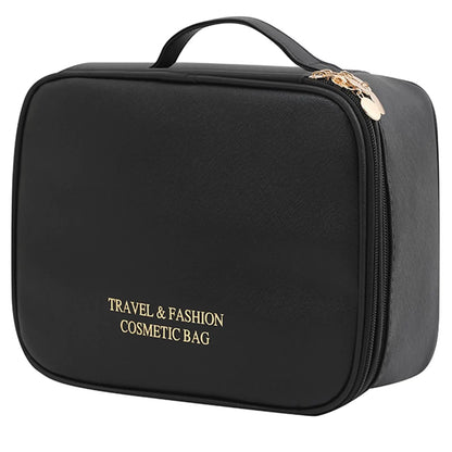 Anserlywin Large Capacity Makeup Bag Double Layer Cosmetic Bag Organizer Travel Make Up Bags for Women Girl Portable Leather Waterproof Toiletry Bags with Removable Divider (black)