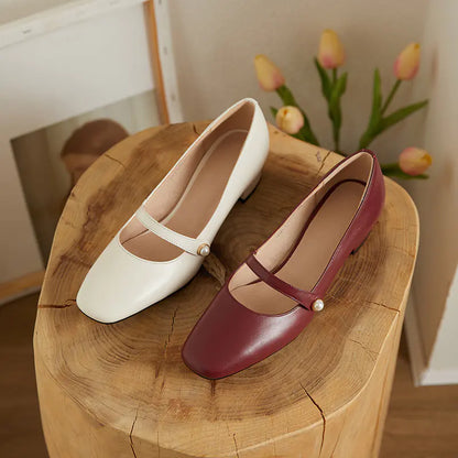 Vintage Chunky Heel Mary Jane Leather Shoes for Women