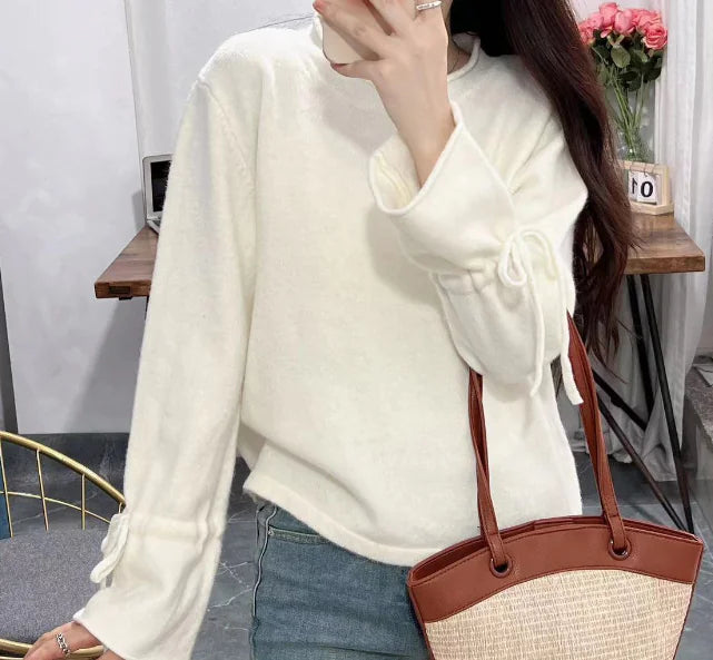 2019 Autumn Winter Women's Knit Sweater with Ties