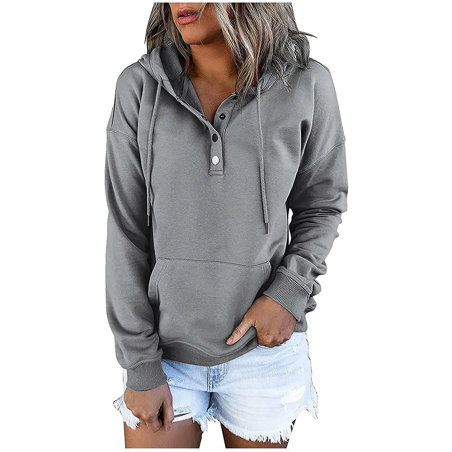 LRMQS shopping online sites Hoodies for Women Fall Fashion 2024 Button Drawstring Hooded Sweatshirt with Pocket Trendy Casual Loose Cute Pullover warm hoodies for women Gray 3X
