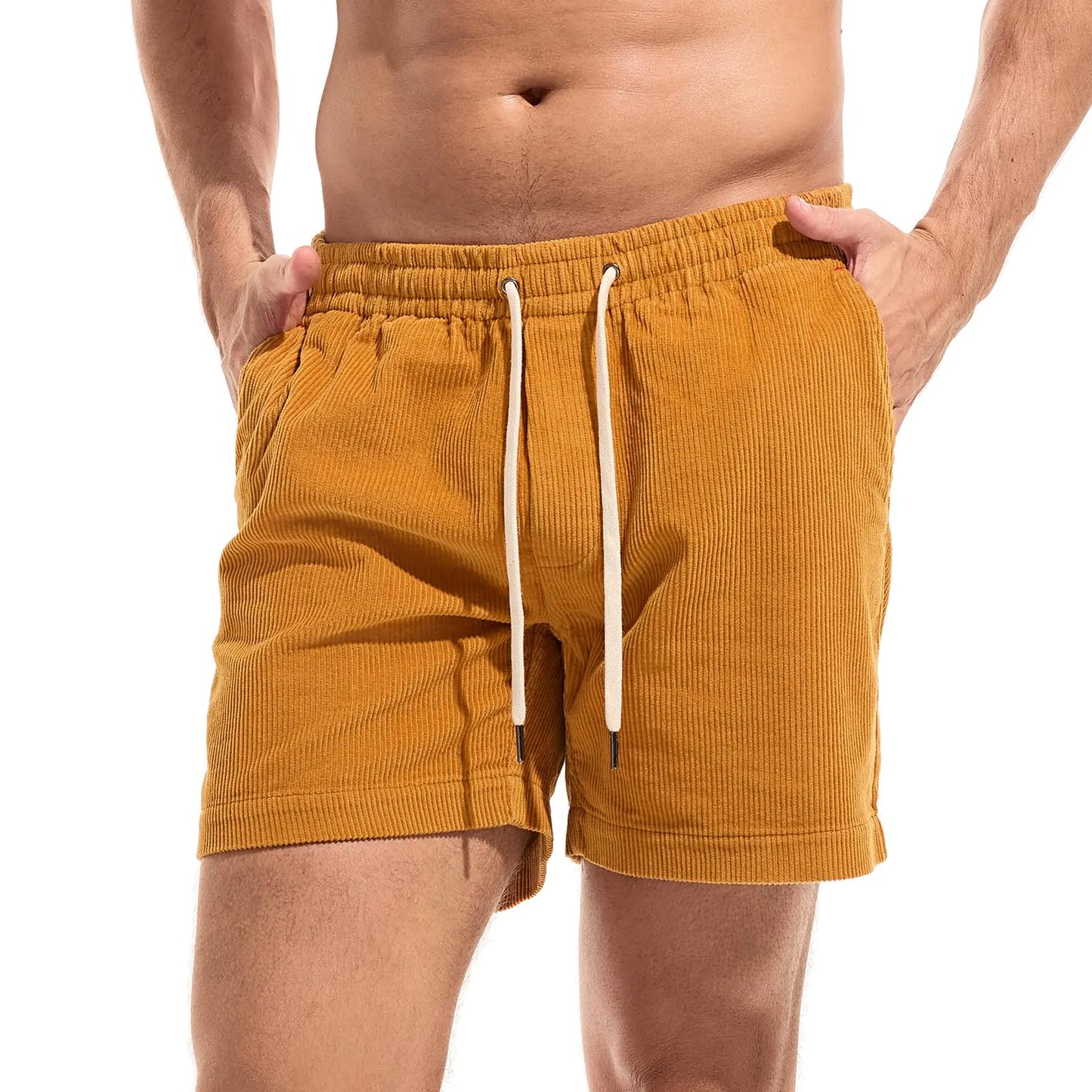 AMY COULEE Mens Corduroy Shorts 5.5" Elastic Waist Casual Shorts Summer Beach Shorts with Pockets (Ginger Yellow S)